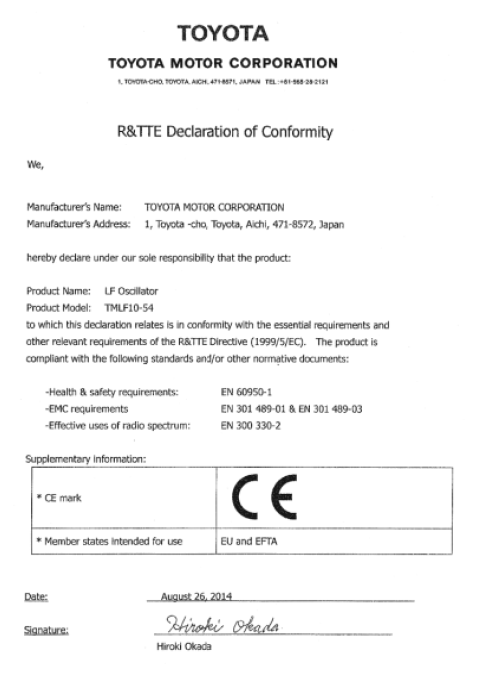 Certyfikaty dotyczące systemu elektronicznego kluczyka