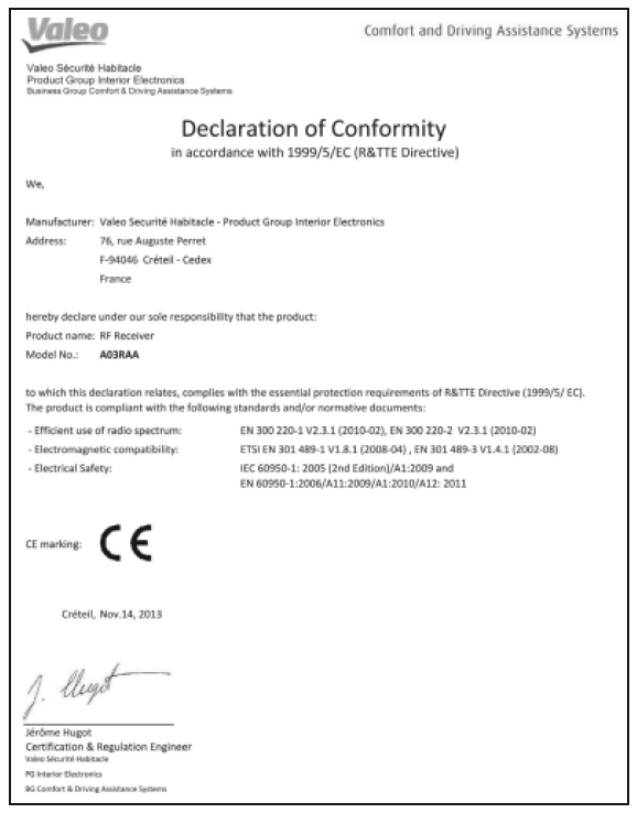Certyfikaty dotyczące układu bezprzewodowego zdalnego sterowania (wersje z mechanicznym kluczykiem)